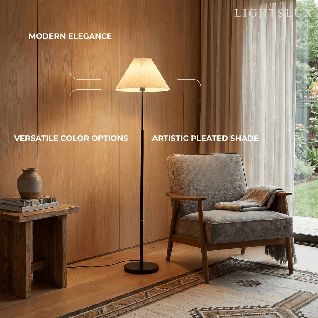 Vintage Floor Lamp — White Pleated Metal & Fabric with Hooded Shade for Living Room - Flindria