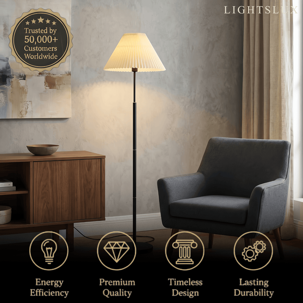 Vintage Floor Lamp — White Pleated Metal & Fabric with Hooded Shade for Living Room - Flindria