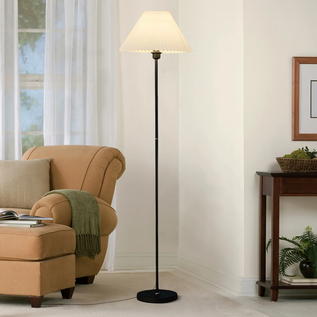 Vintage Floor Lamp — White Pleated Metal & Fabric with Hooded Shade for Living Room - Flindria