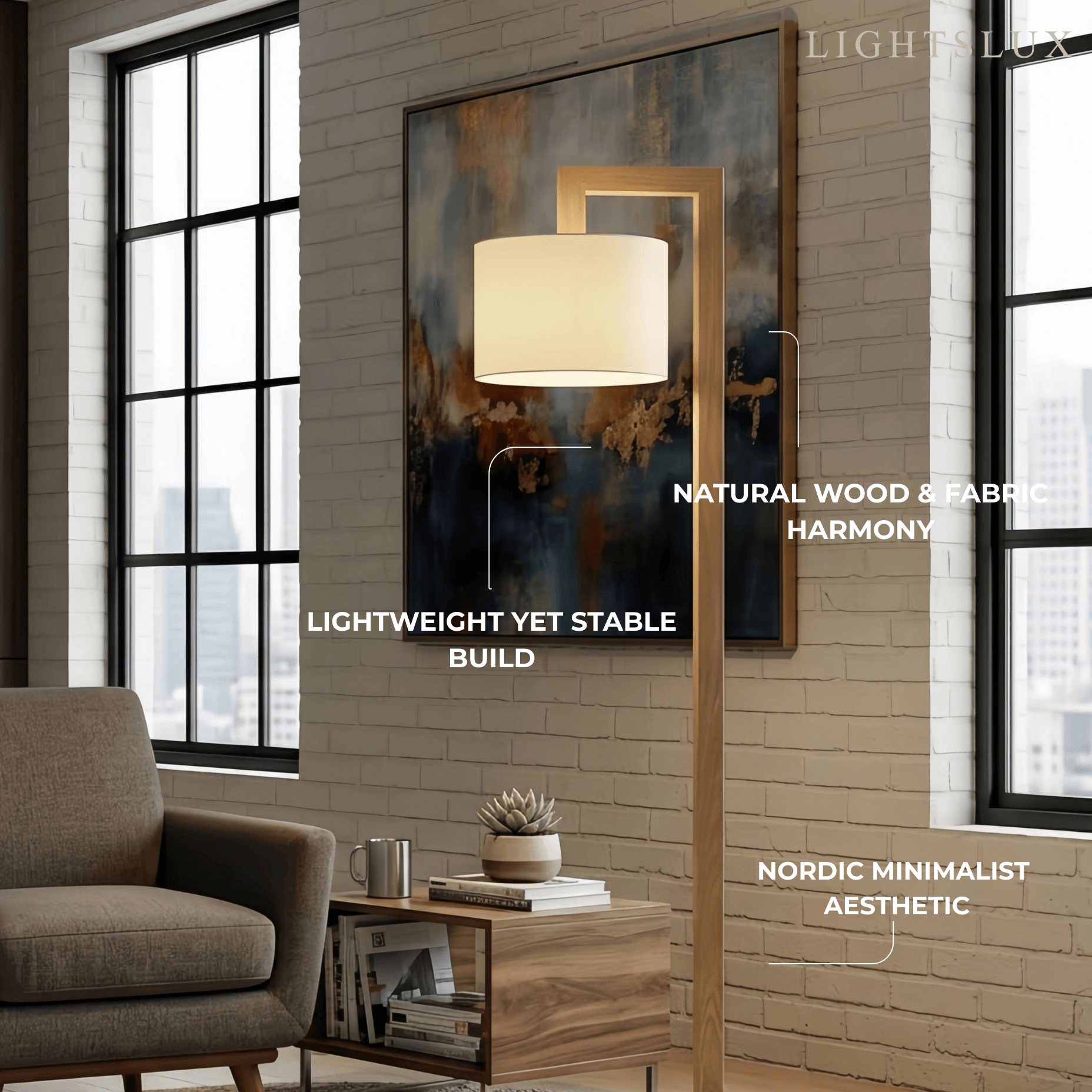 Nordic Floor Lamp – Wood Log with Hooded Shade for Living Room - Flindria