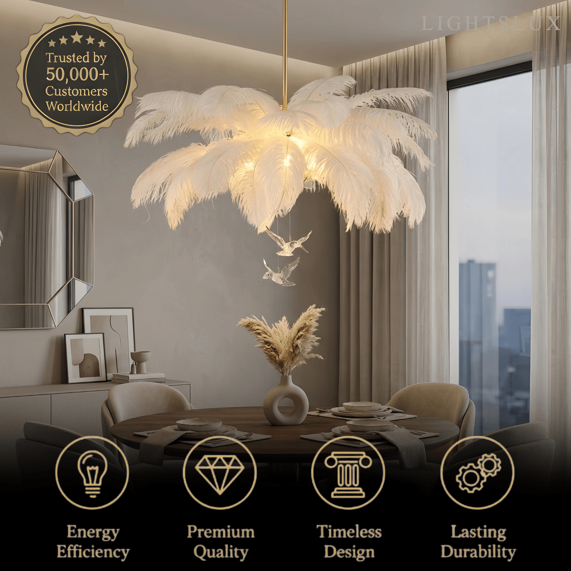 Art Deco Feather Chandelier – Elegant White for Contemporary Living Room - Flindria