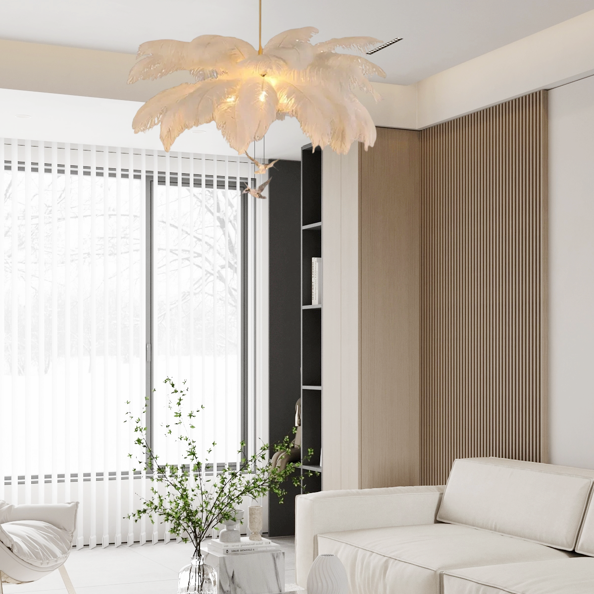 Art Deco Feather Chandelier – Elegant White for Contemporary Living Room - Flindria