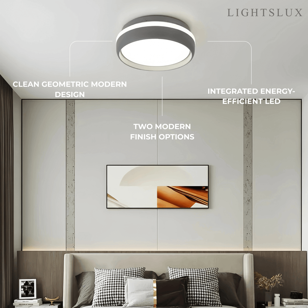 Modern Round Ceiling Light – Black or Grey Metal for Bedroom - Flindria