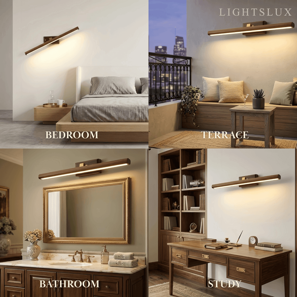 Minimalist LED Vanity Light - IP44 Walnut Wood Linear for Bathroom/Bedroom - Flindria