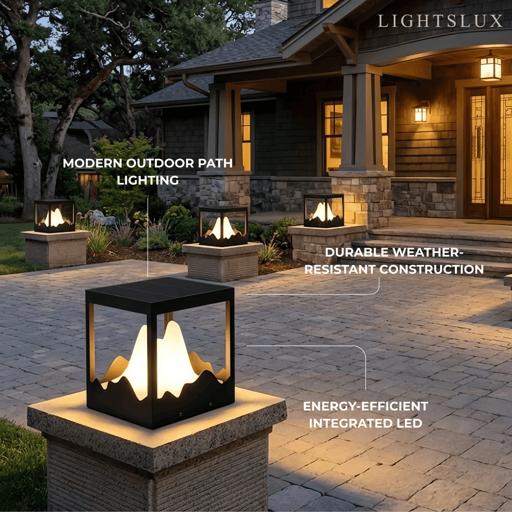 Designer Metal Outdoor Path Lamp - Black Square Mountain Shape Garden/Pillar Lights - Flindria