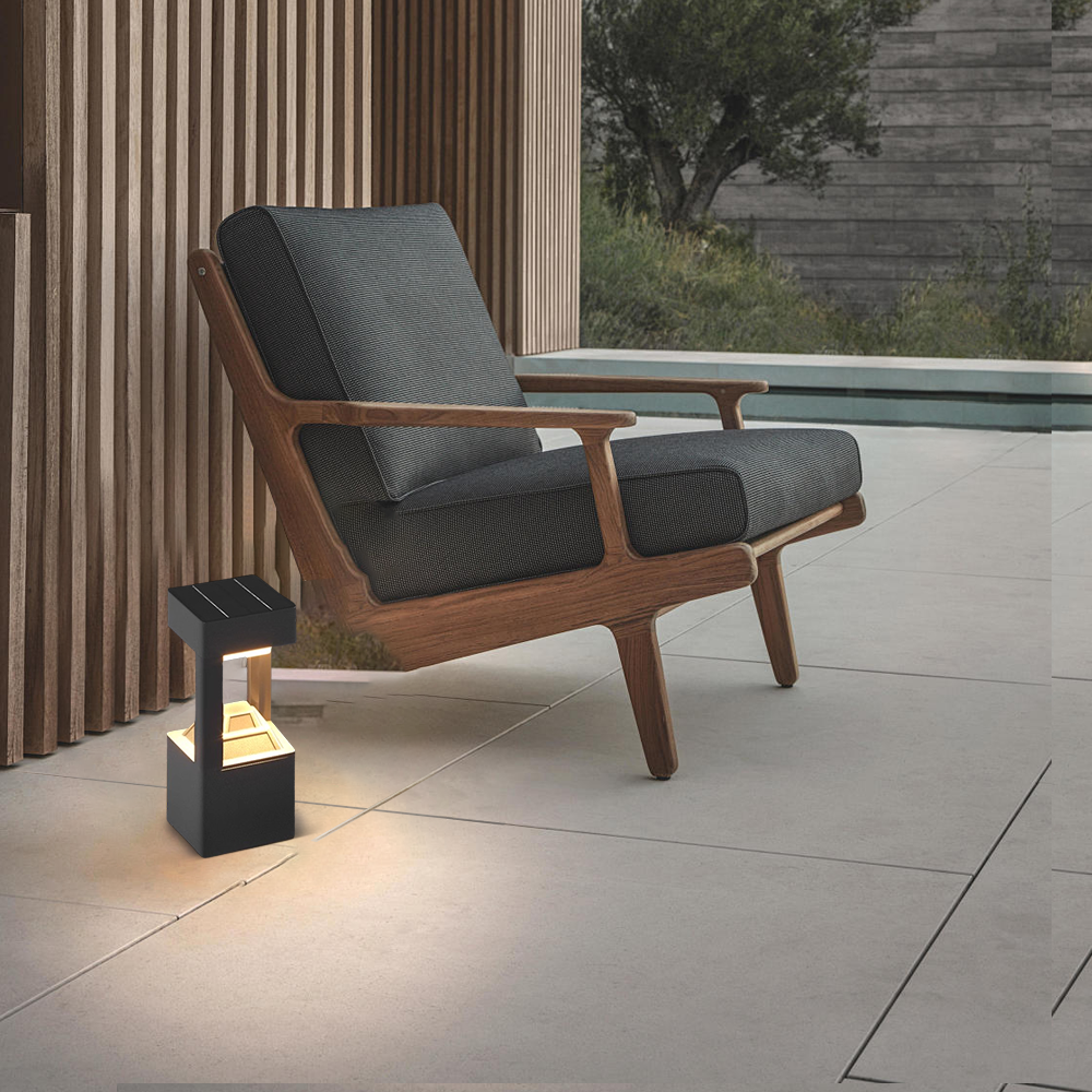 Modern Rectangular Solar Bollard Light – Black Hollow Metal Outdoor Lamp - Flindria