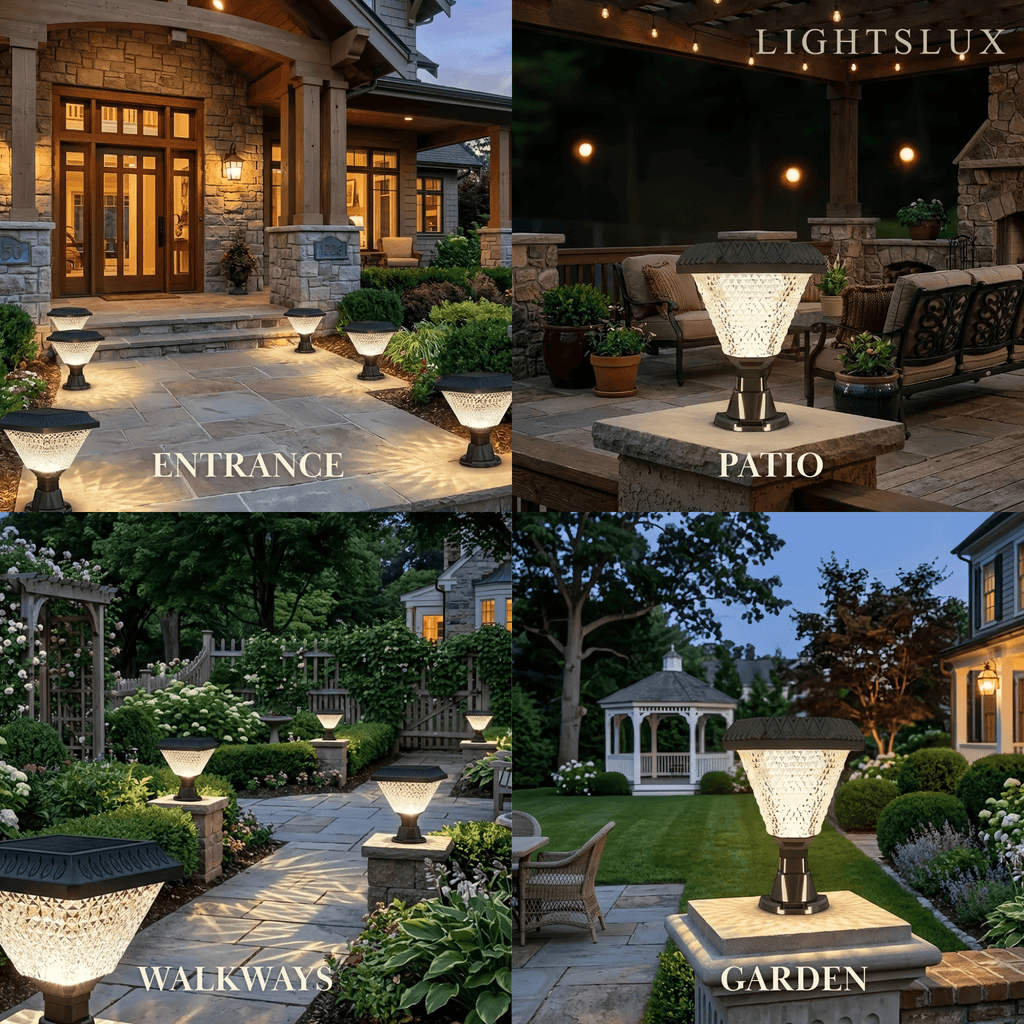 Art Deco Solar Outdoor Pillar Lights - Black Acrylic Hexagon for Modern Gardens - Flindria
