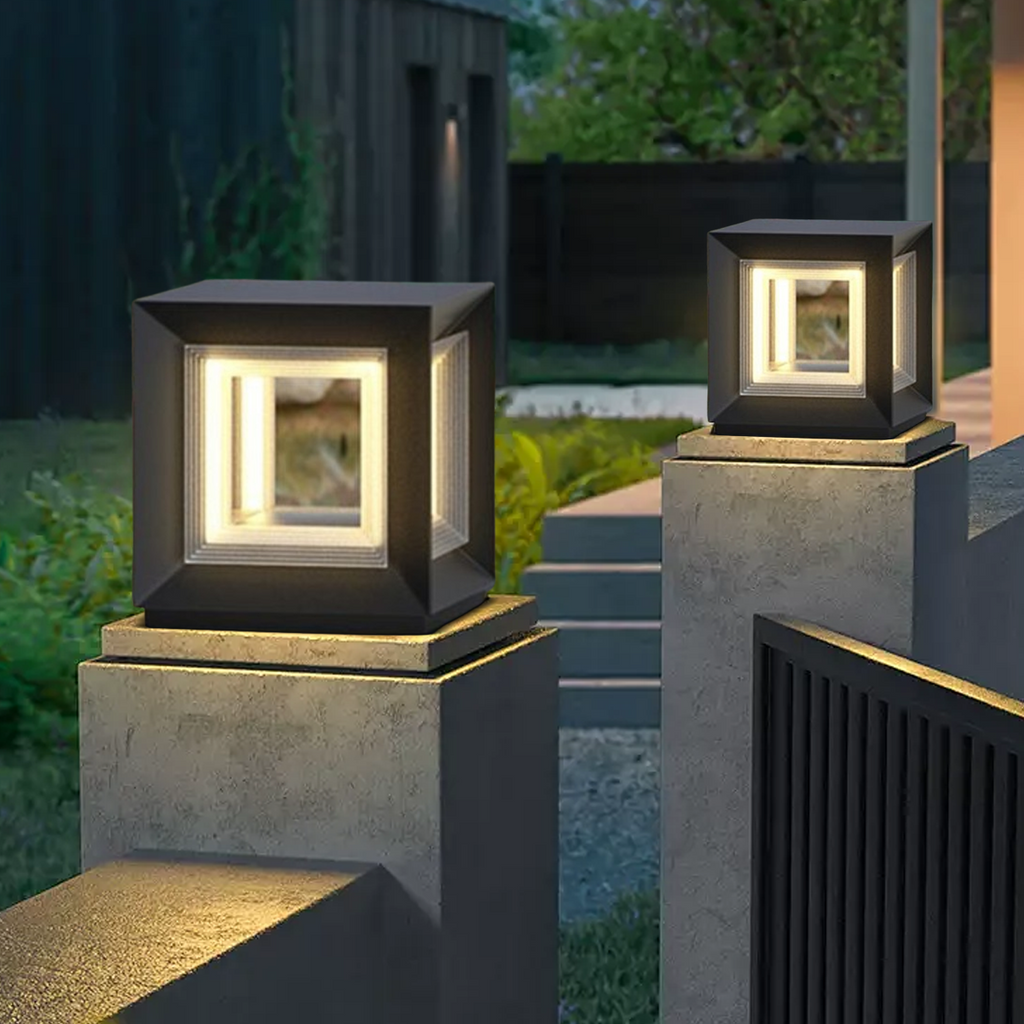 Lámparas de pilar LED modernas para exterior - Diseño de cubo de metal negro - Flindria