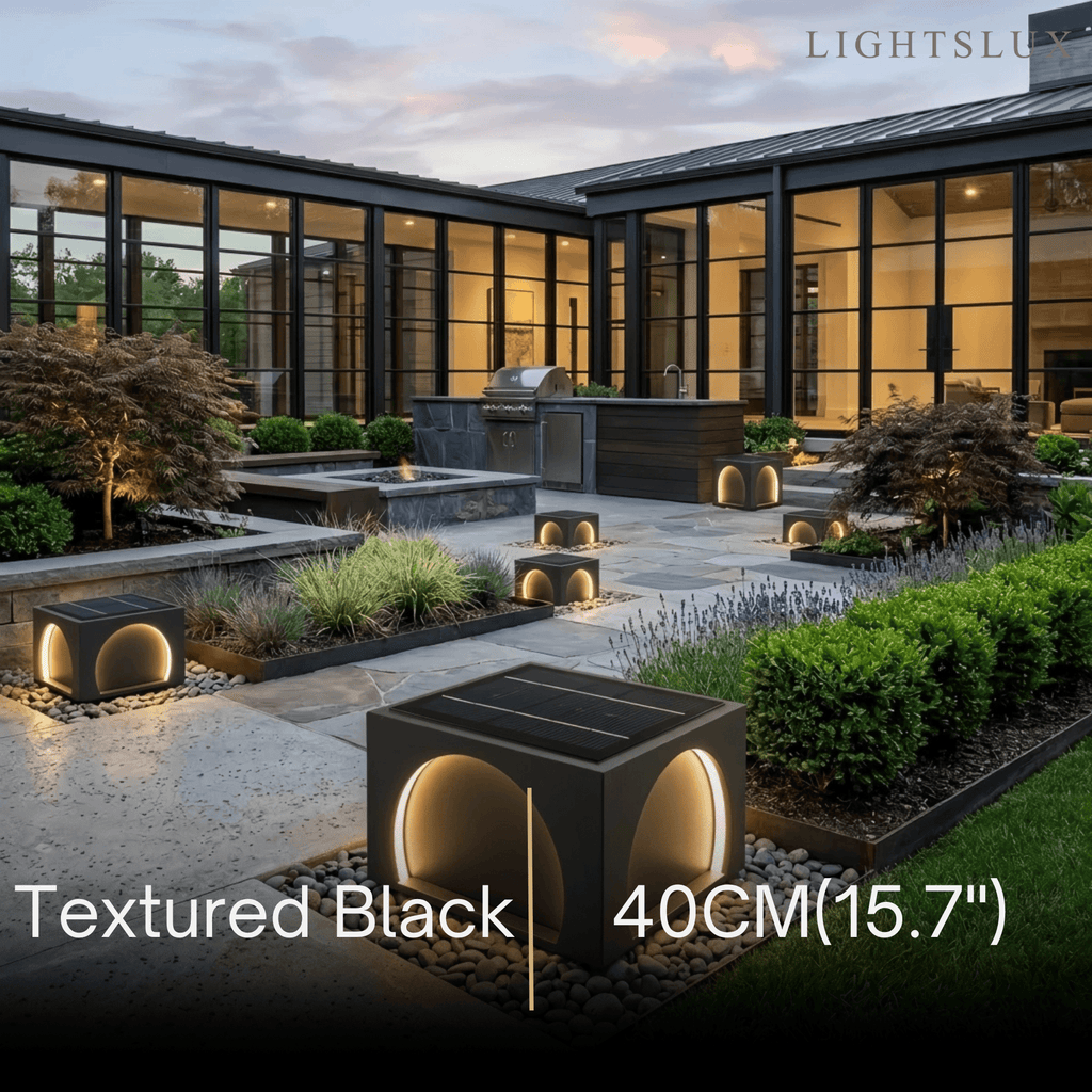 Lámparas de pilar solares modernas de metal para exteriores - Lámpara rectangular negra para jardín - Flindria