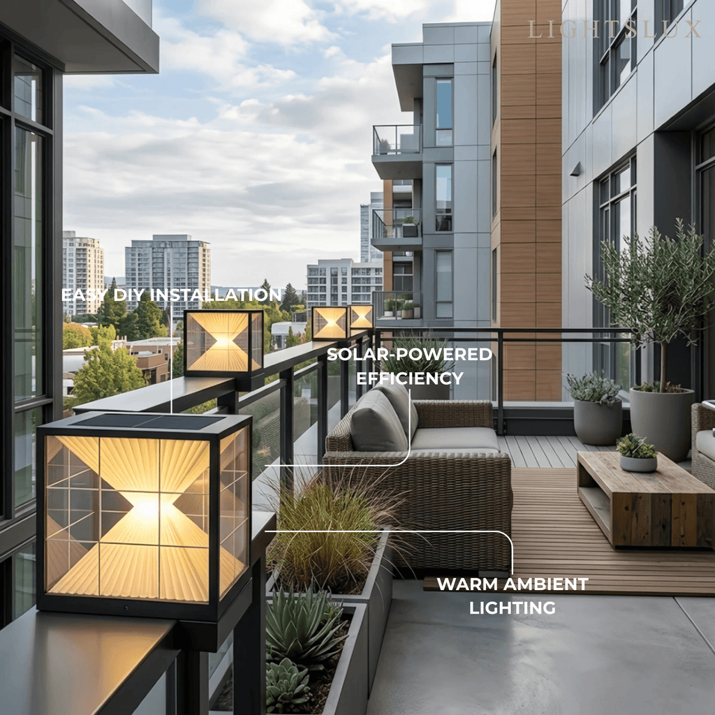 Lámparas de pilar solares modernas de metal para exteriores - Diseño de pirámide negra para patio - Flindria