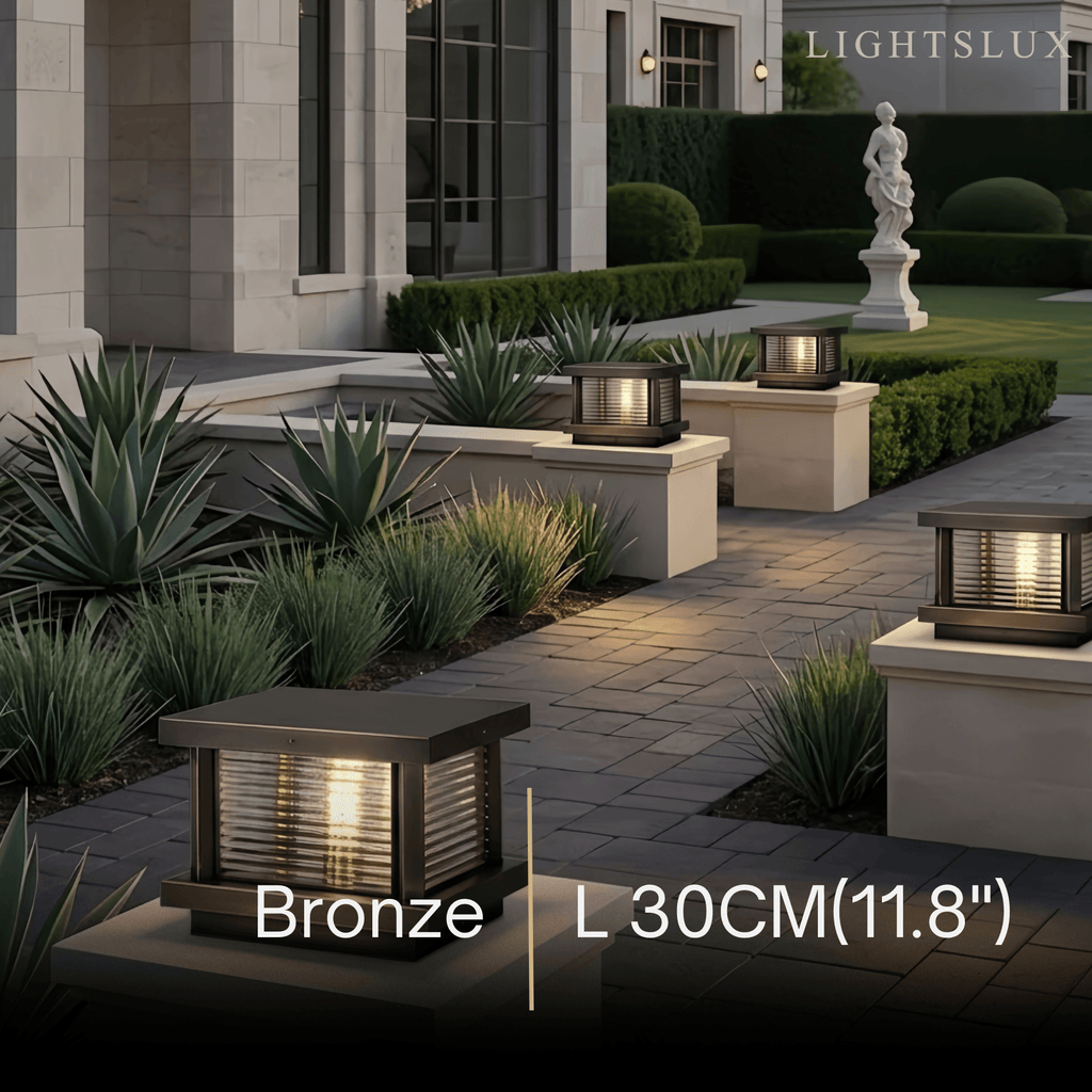 Luz de pilar cuadrada moderna - metal/vidrio negro/latón/bronce para jardín - Flindria