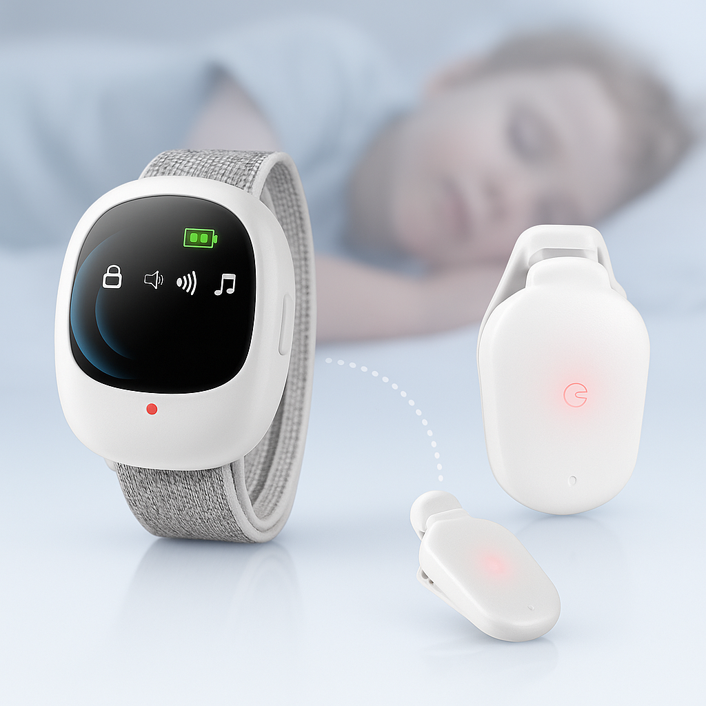 Bezprzewodowy czujnik moczenia nocnego na klips oraz zdalny alarm wibracyjny