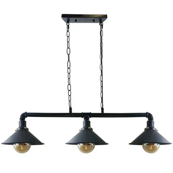 Plafonieră industrială din metal negru, 3 dulii E27, stil vintage, design cu țevi la vedere