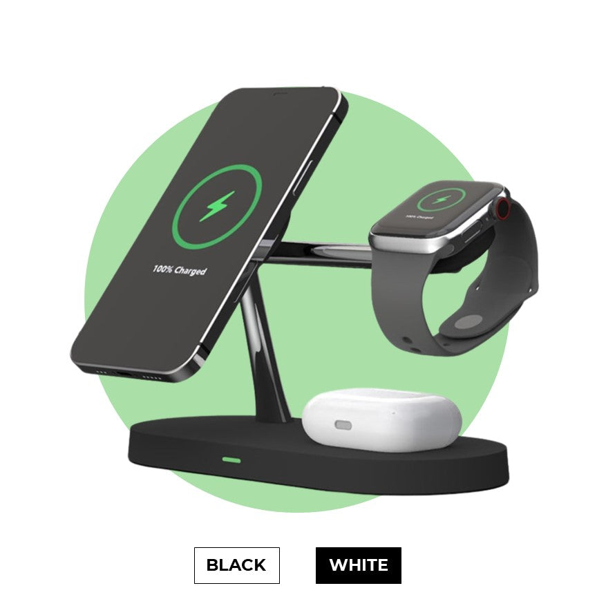 QuattroCharge 4-i-1 trådlös MagSafe-laddare — laddningsstation för iPhone, Apple Watch och hörlurar