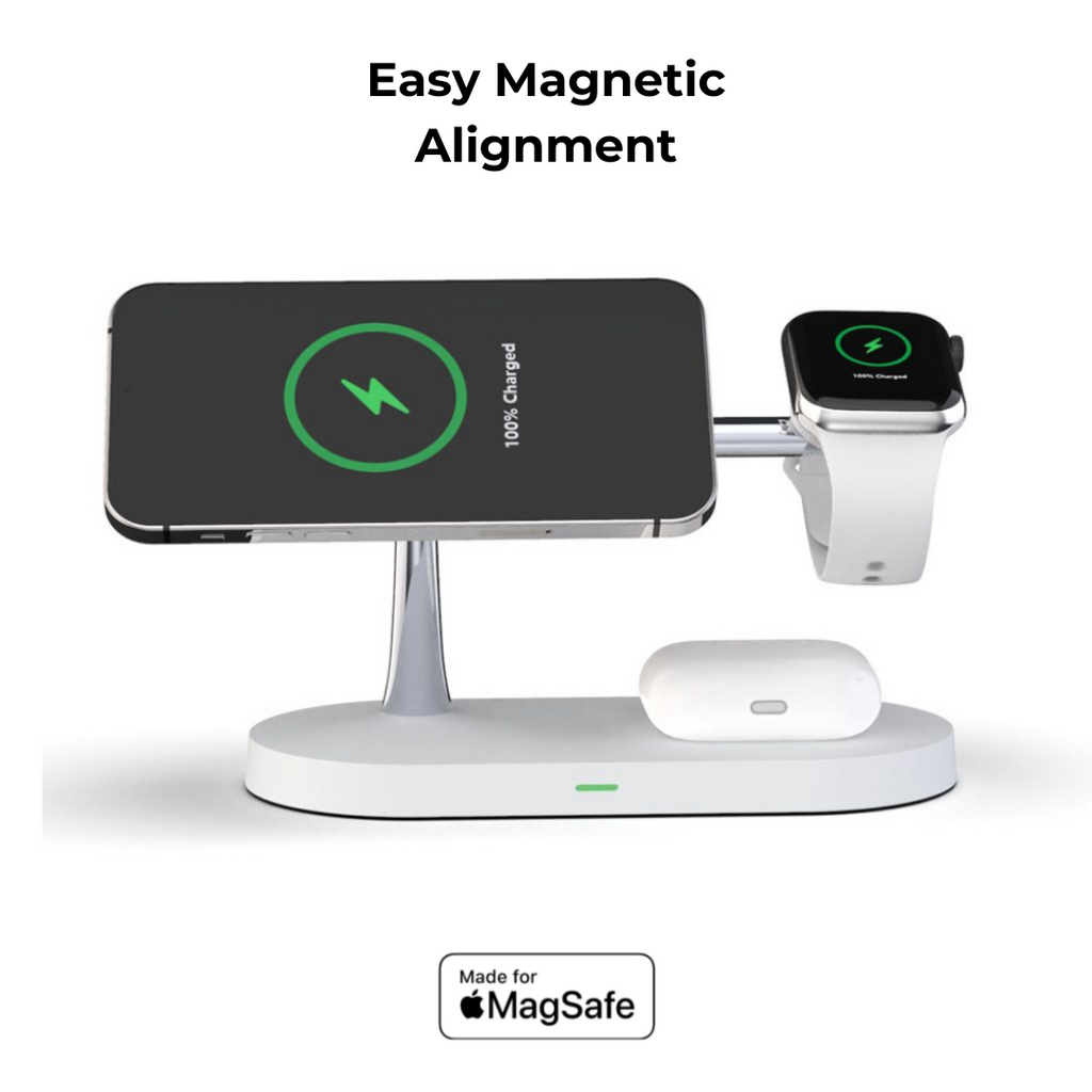 QuattroCharge 4-i-1 trådlös MagSafe-laddare — laddningsstation för iPhone, Apple Watch och hörlurar