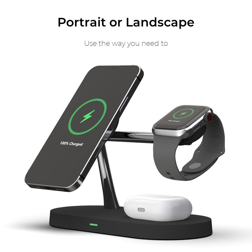 QuattroCharge 4-i-1 trådlös MagSafe-laddare — laddningsstation för iPhone, Apple Watch och hörlurar