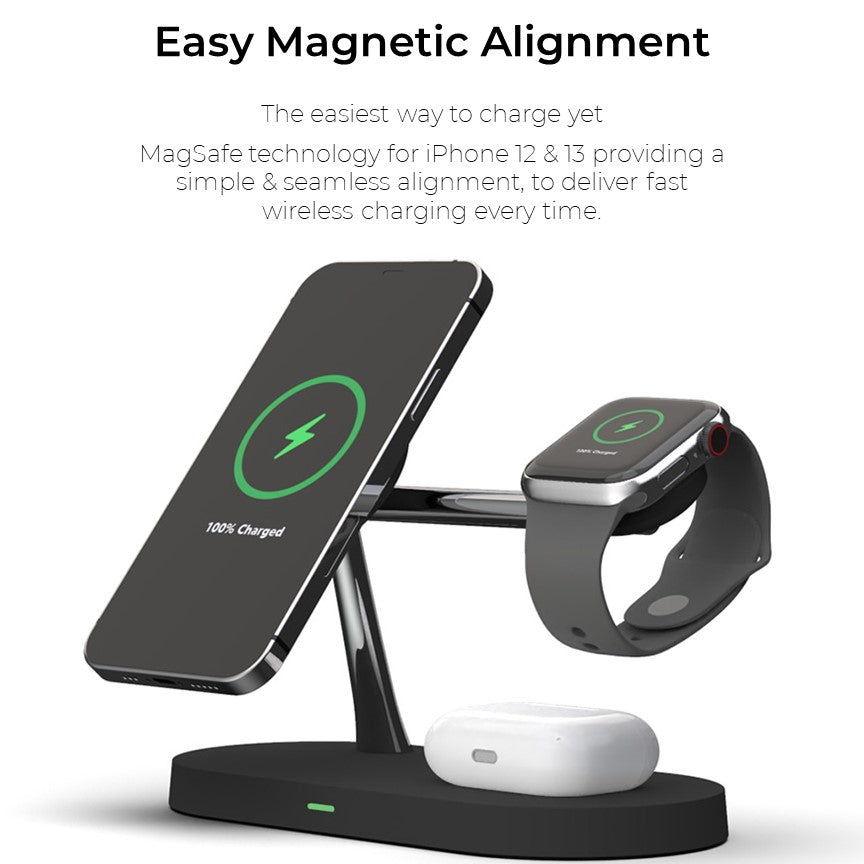 QuattroCharge 4-i-1 trådlös MagSafe-laddare — laddningsstation för iPhone, Apple Watch och hörlurar