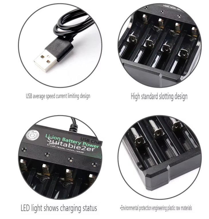 Independent 4-Slot Li-Ion Battery Charger — 18650 and 18500 Compatible, Auto Cut Off