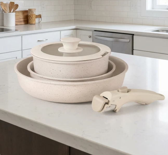 Compact Non Toxic Ceramic Cookware Ensemble — Stackable Pans, Detachable Handles
