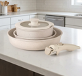 Compact Non Toxic Ceramic Cookware Ensemble — Stackable Pans, Detachable Handles