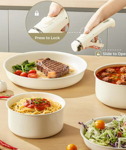 Compact Non Toxic Ceramic Cookware Ensemble — Stackable Pans, Detachable Handles