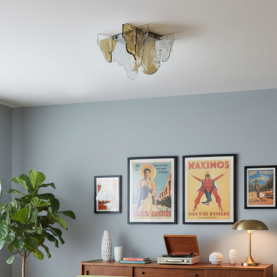 Murano-Style Hand-Blown Glass Ceiling Light — Smoke Gray, Amber and Clear