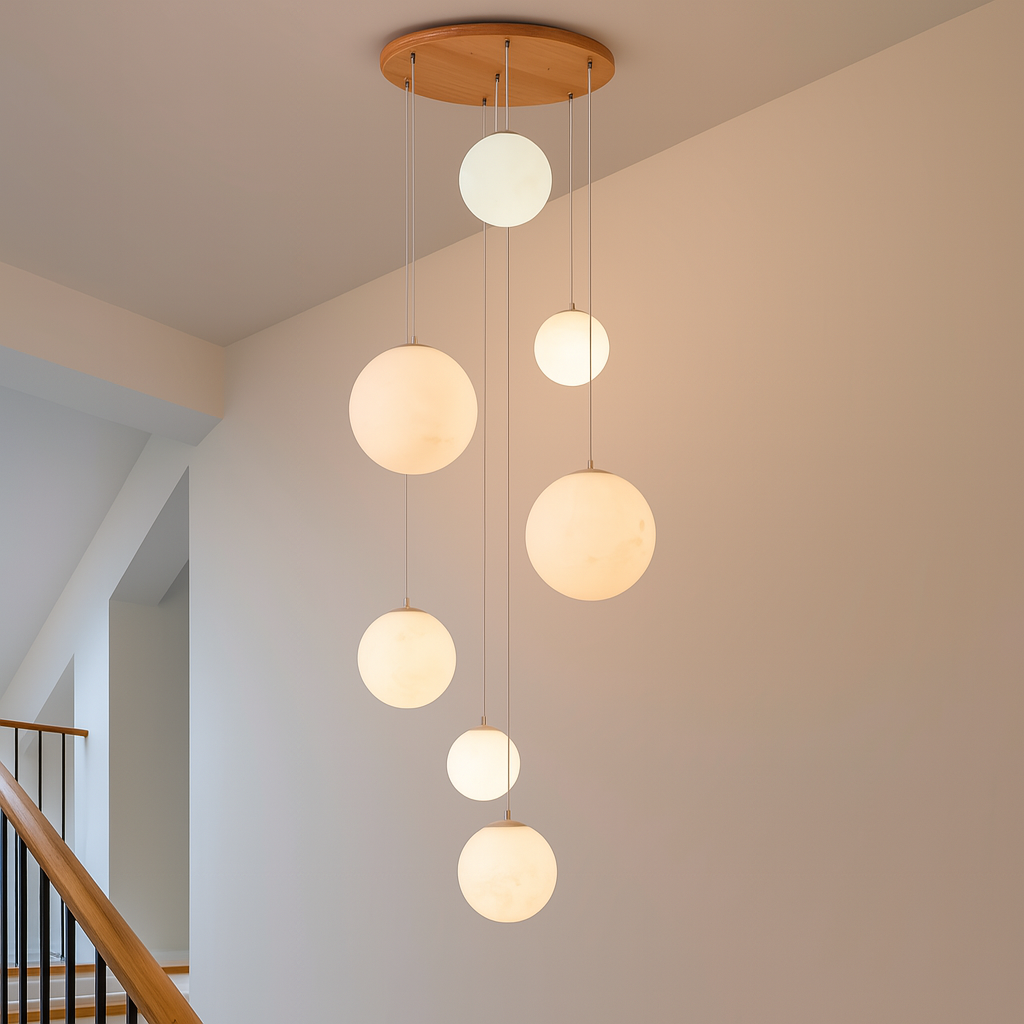 Solara Globus Treppen-Chandelier für hohe Deckenräume
