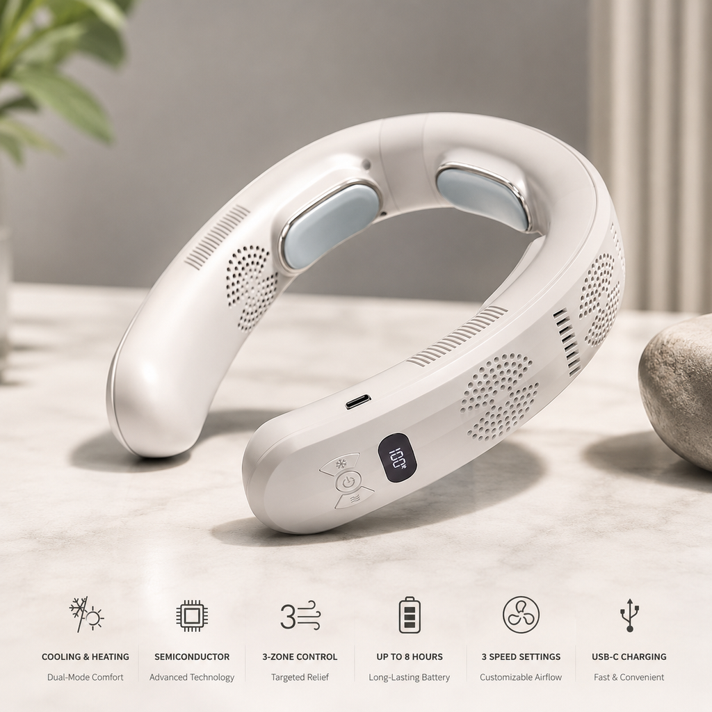 ThermoFlow 3-Zone Wearable Neck Fan – Adjustable Neck Cooler and Heater