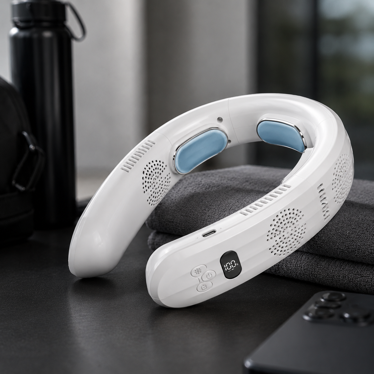 ThermoFlow 3-Zone Wearable Neck Fan – Adjustable Neck Cooler and Heater