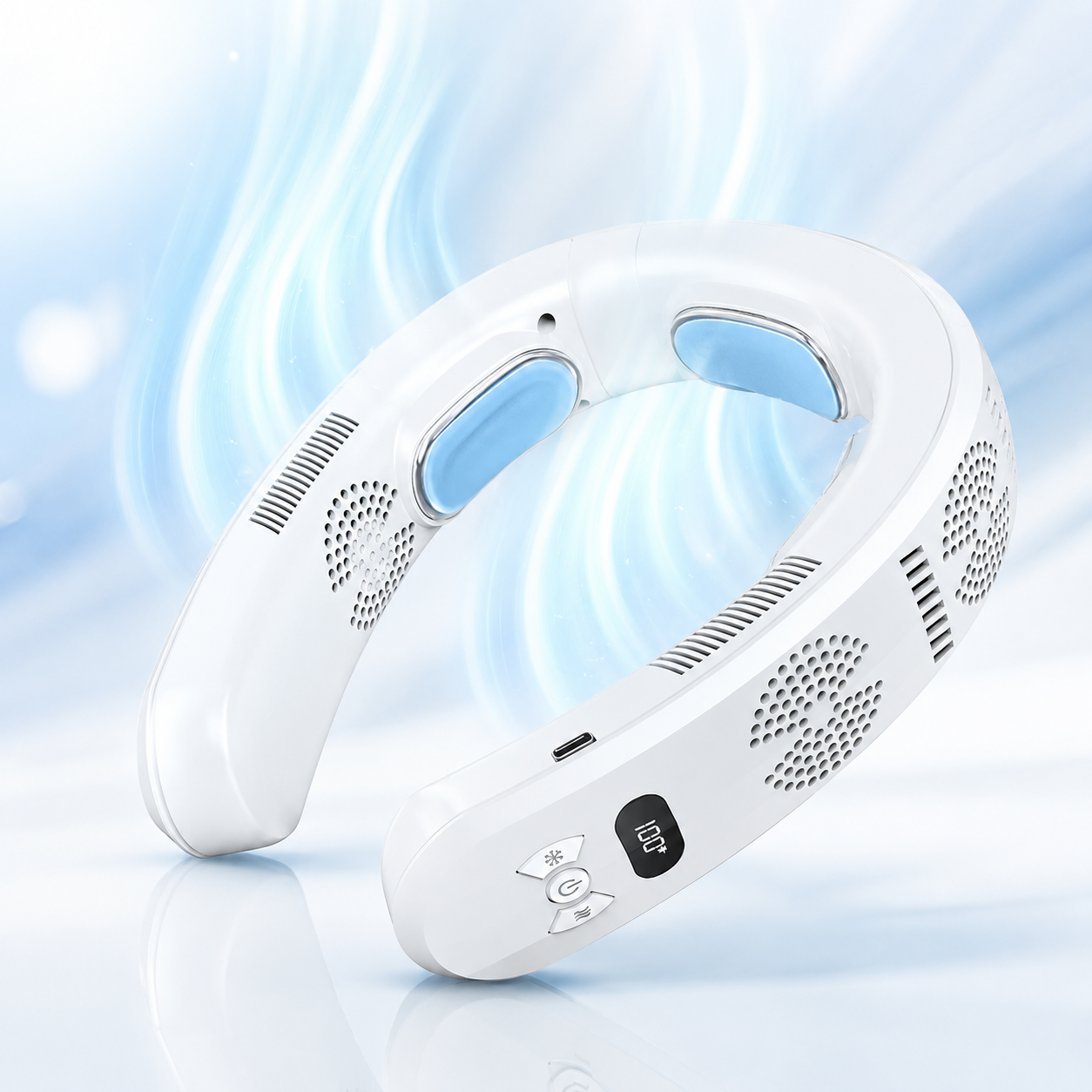 ThermoFlow 3-Zone Wearable Neck Fan – Adjustable Neck Cooler and Heater