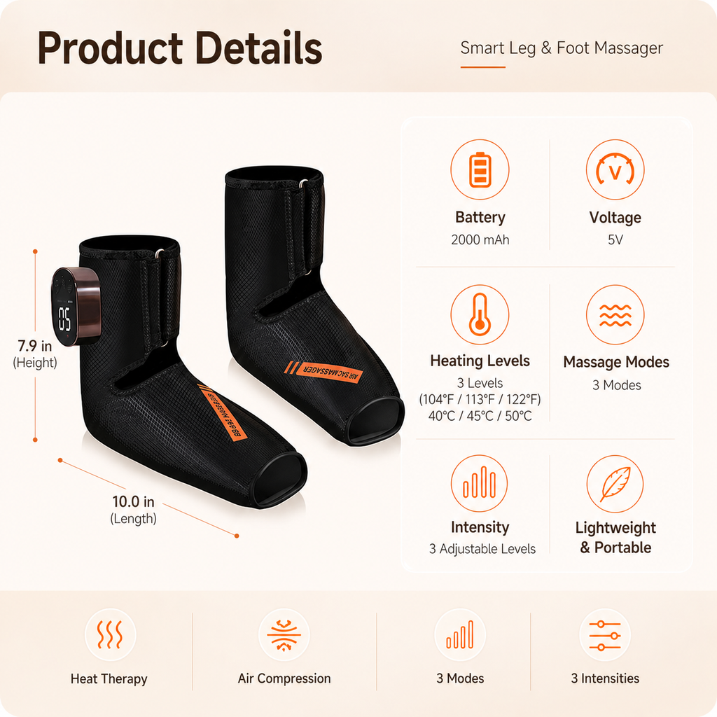 Portable 370g Foot and Ankle Massager — Air Compression, Heat, Vibration