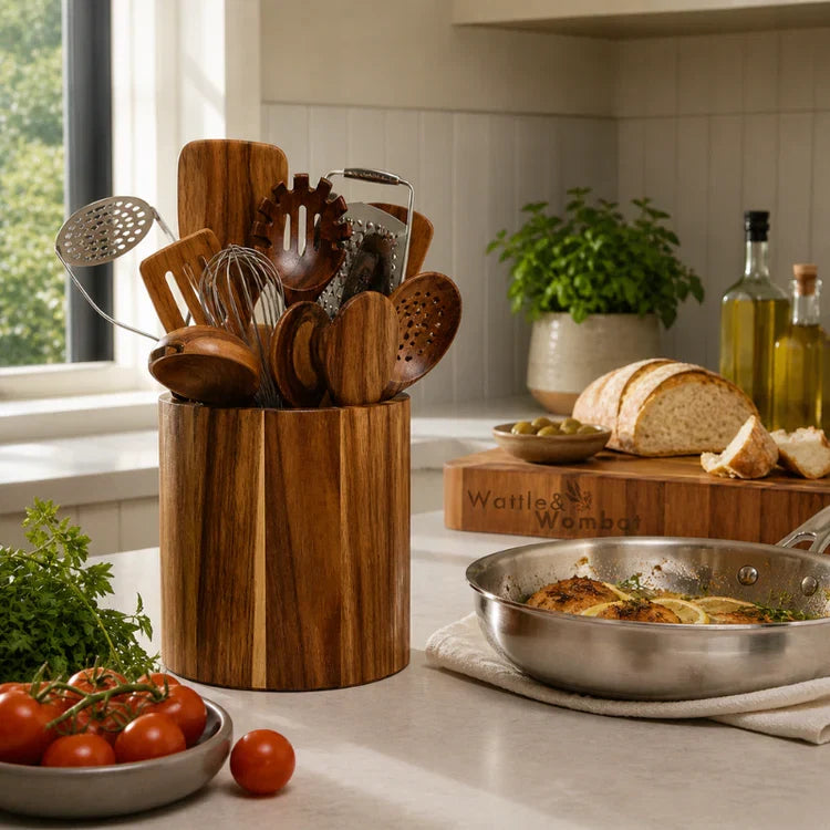Kitchen Caddy and Spoon Rest Set — Natural Teak Wood, Premium Handcrafted