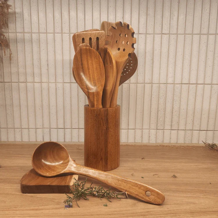 12-Piece Teak And Acacia Kitchen Utensil Set — Countertop Storage Block