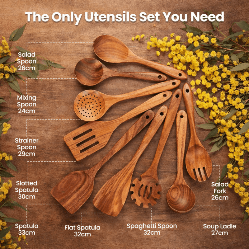 12-Piece Teak And Acacia Kitchen Utensil Set — Countertop Storage Block