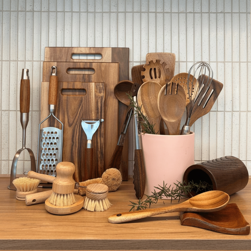 Conjunto de artigos essenciais naturais para a cozinha — conjunto completo de utensílios e acessórios