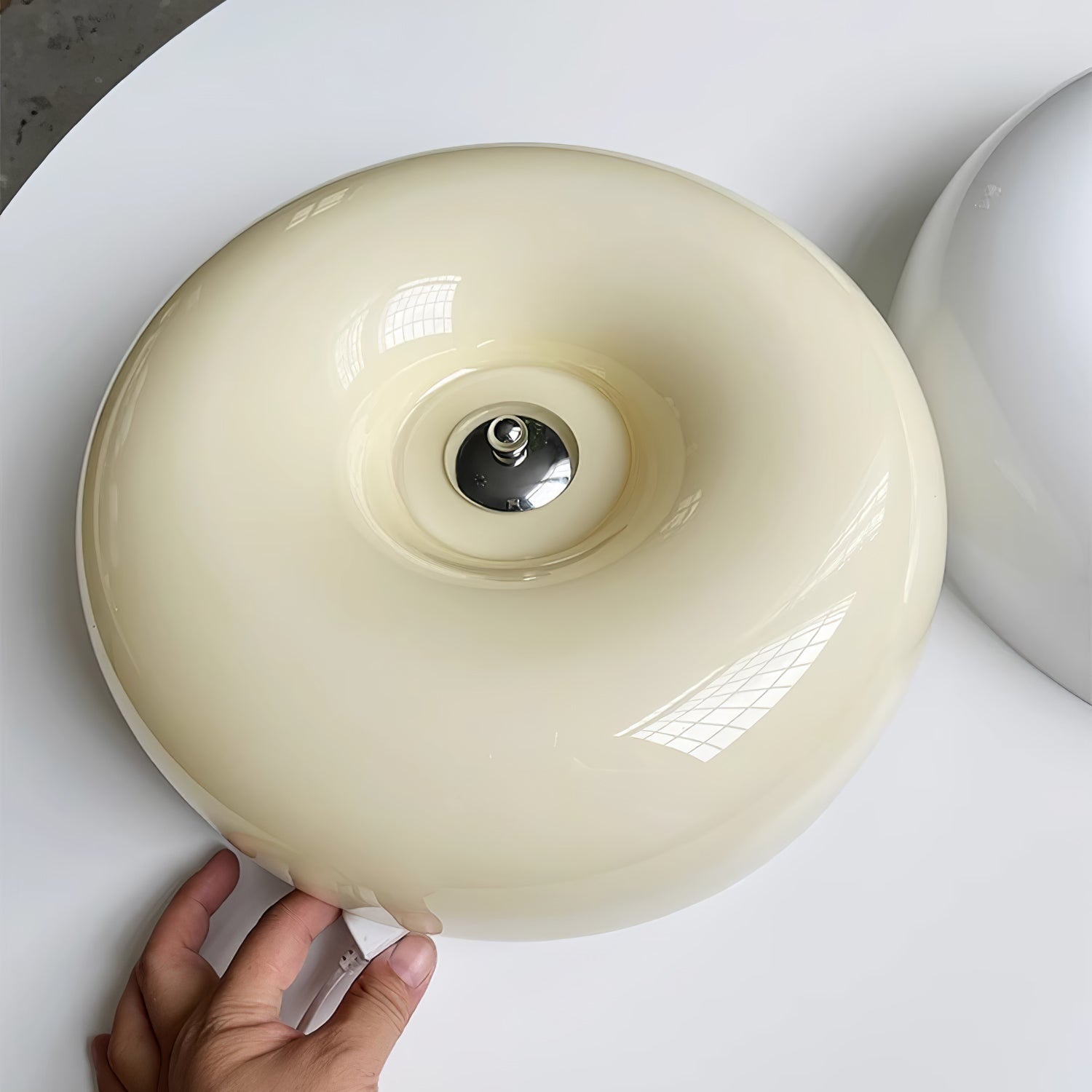 Cream Pudding Milk Glass Ceiling Light — Silver Accent, Dimmable Warm White