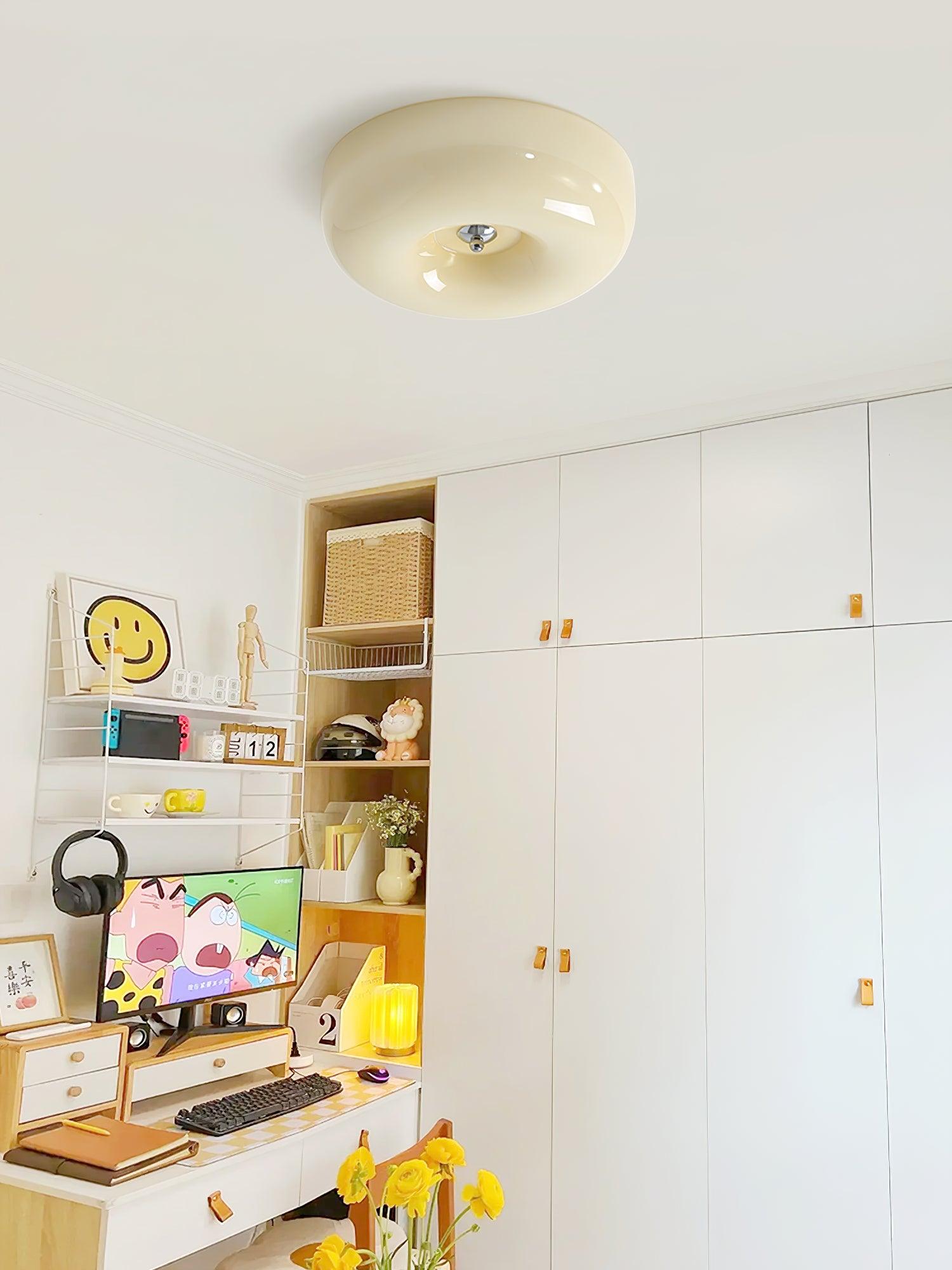 Cream Pudding Milk Glass Ceiling Light — Silver Accent, Dimmable Warm White