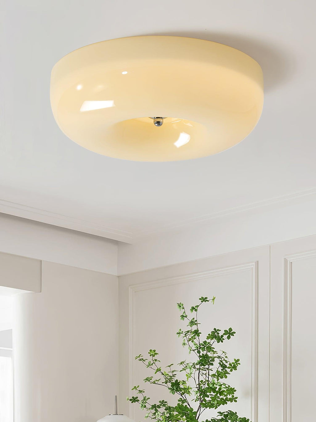 Cream Pudding Milk Glass Ceiling Light — Silver Accent, Dimmable Warm White