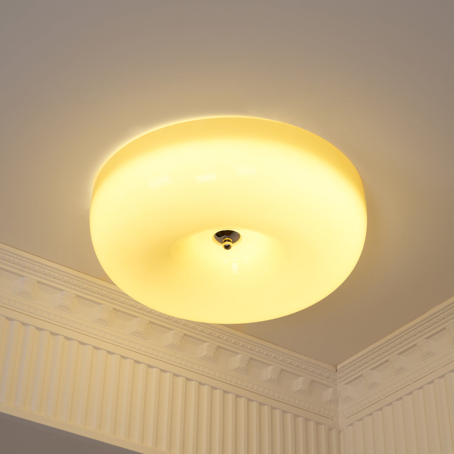 Cream Pudding Milk Glass Ceiling Light — Silver Accent, Dimmable Warm White