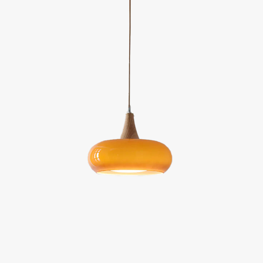 Suspension Eloria — abat-jour en verre ambré, partie supérieure en bois