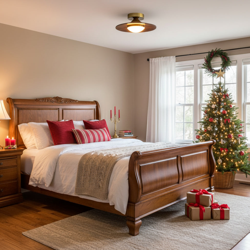 Round LED Ceiling Light — Wood-Look Finish, Gold Frame, 24cm