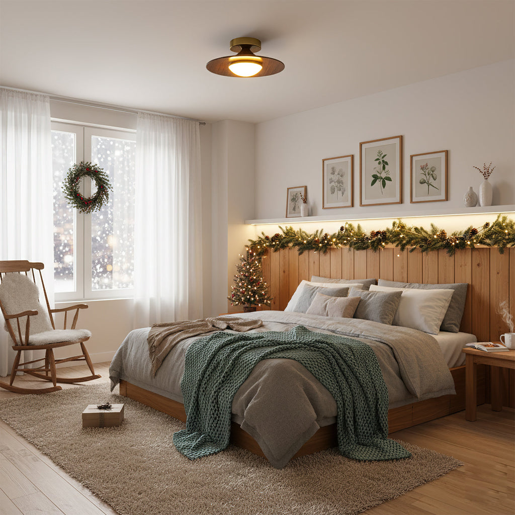 Round LED Ceiling Light — Wood-Look Finish, Gold Frame, 24cm