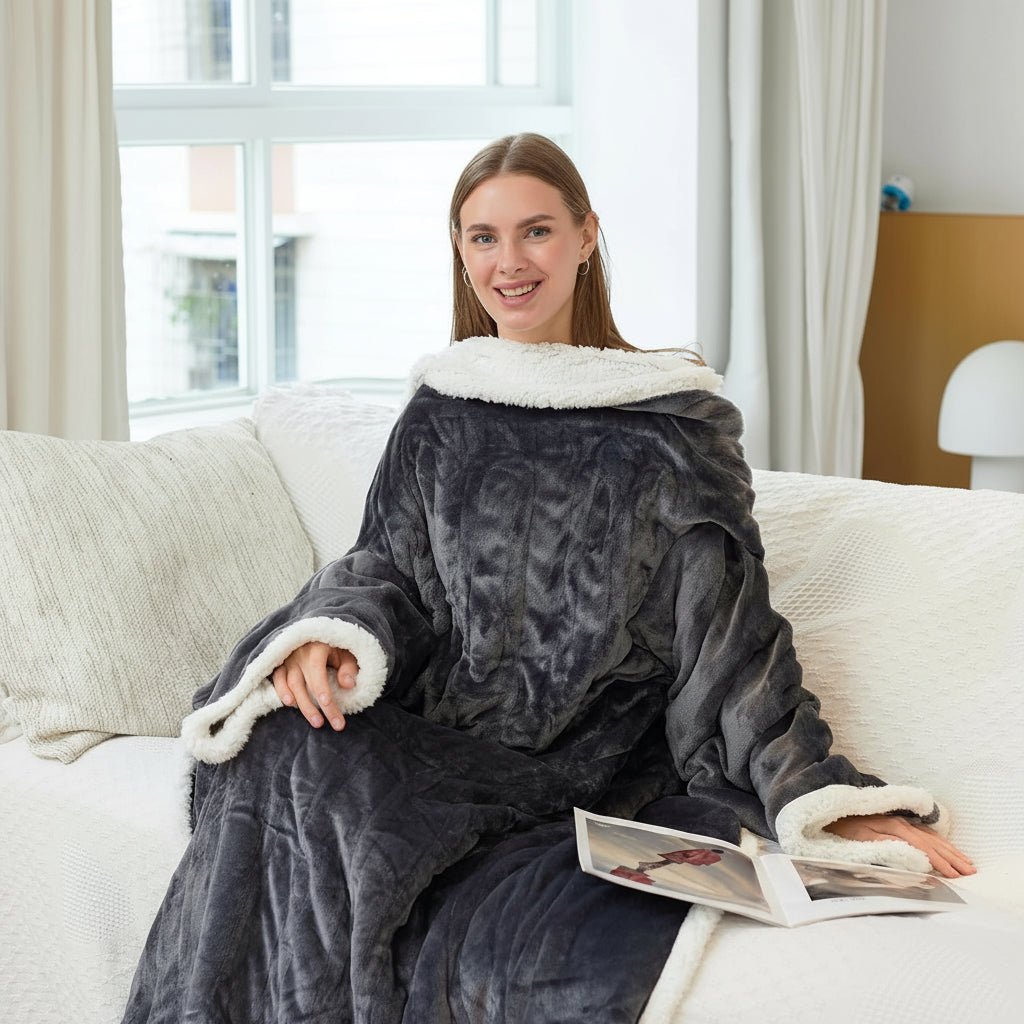 Electric Heated Sherpa Fleece Wearable Blanket — Integrated Sleeves and Foot Pockets