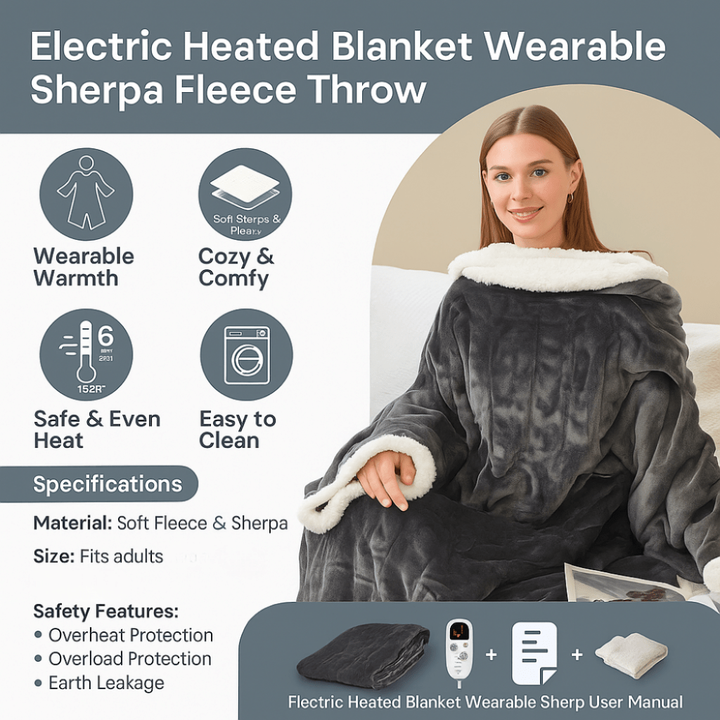 Electric Heated Sherpa Fleece Wearable Blanket — Integrated Sleeves and Foot Pockets