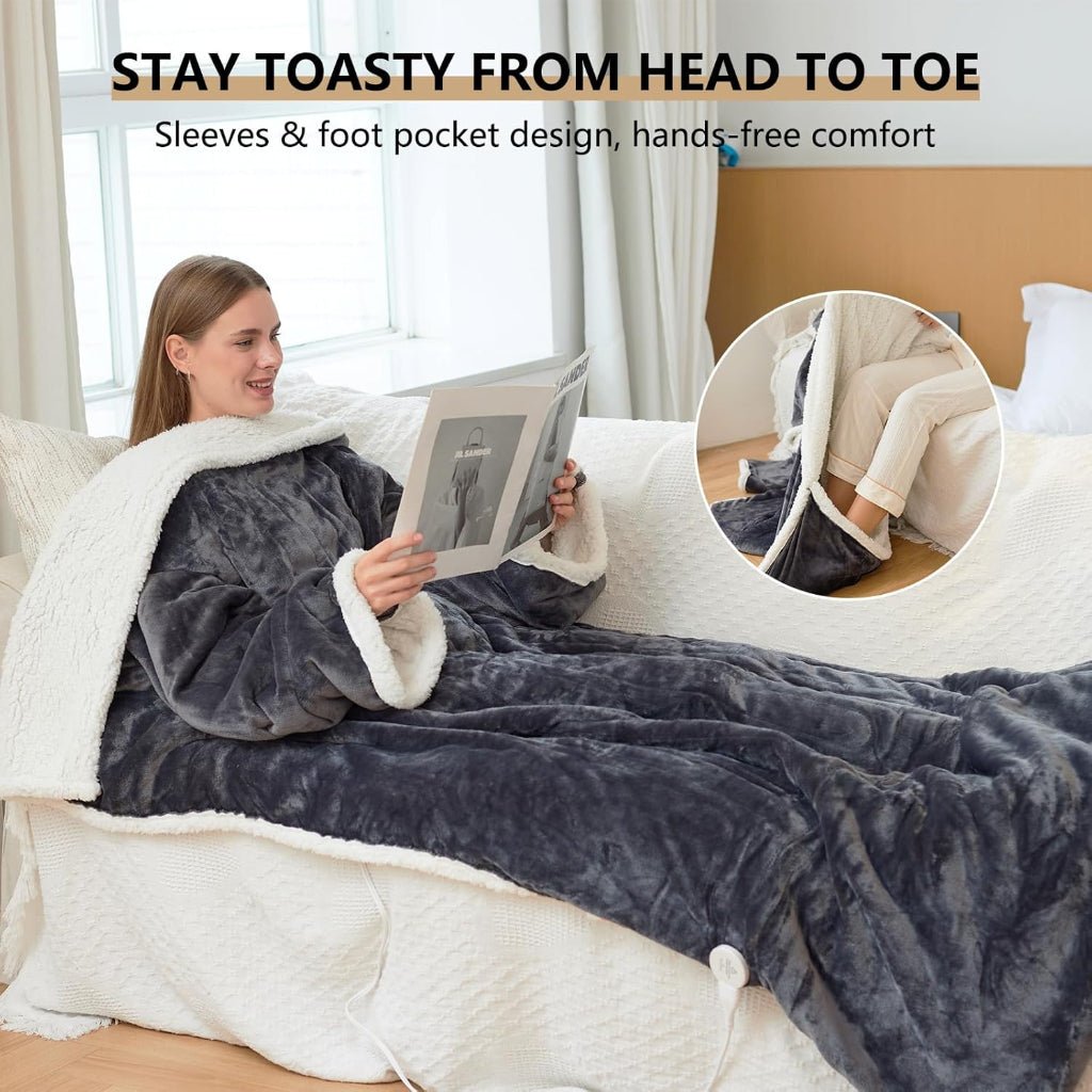 Electric Heated Sherpa Fleece Wearable Blanket — Integrated Sleeves and Foot Pockets