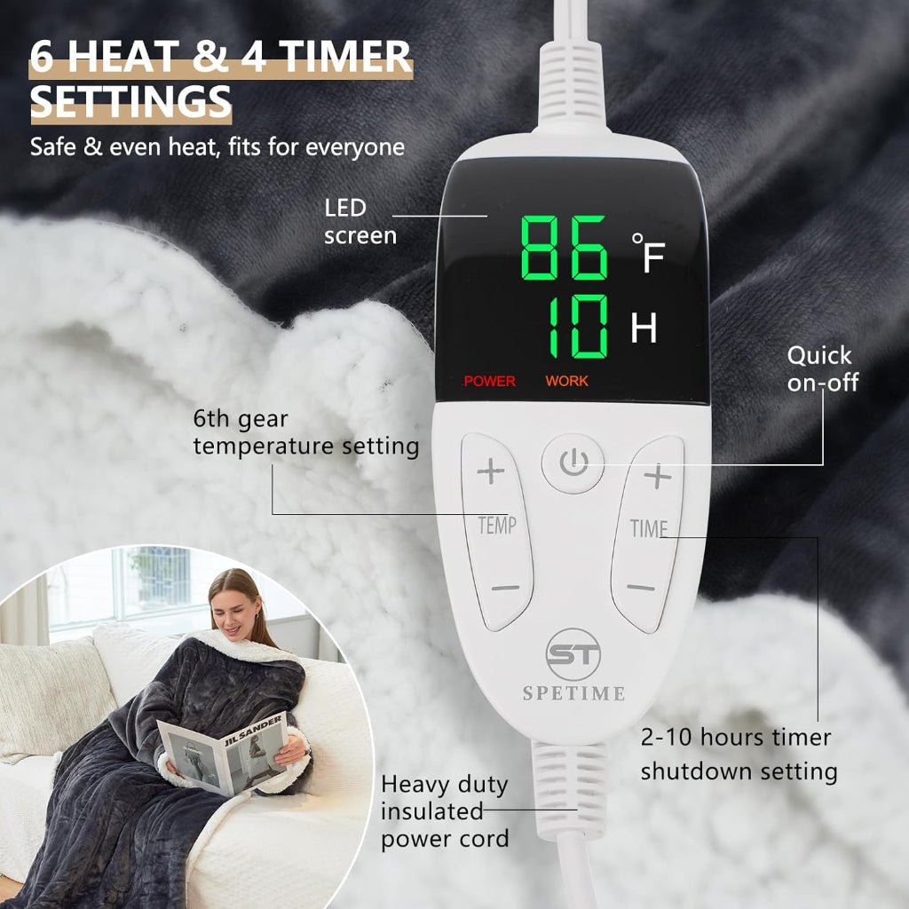 Electric Heated Sherpa Fleece Wearable Blanket — Integrated Sleeves and Foot Pockets