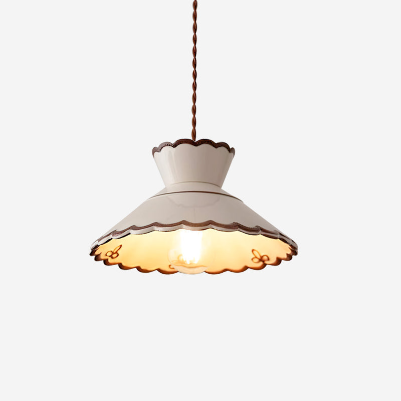 Aurelia Vintage Ceramic Pendant Light — Scalloped Shade, Cream and Brown Edge Detail