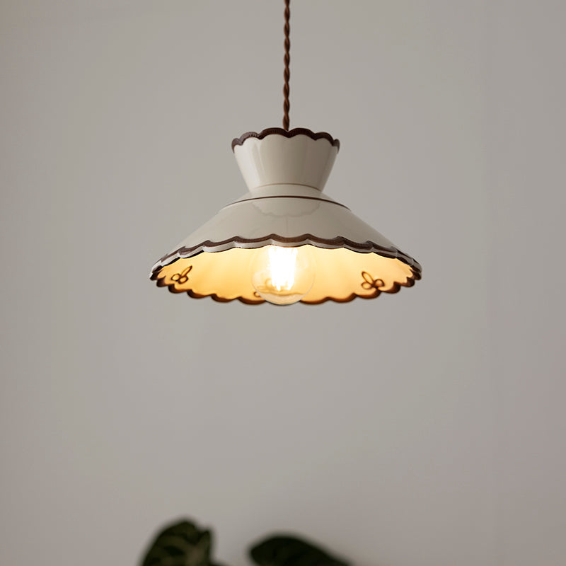 Aurelia Vintage Ceramic Pendant Light — Scalloped Shade, Cream and Brown Edge Detail