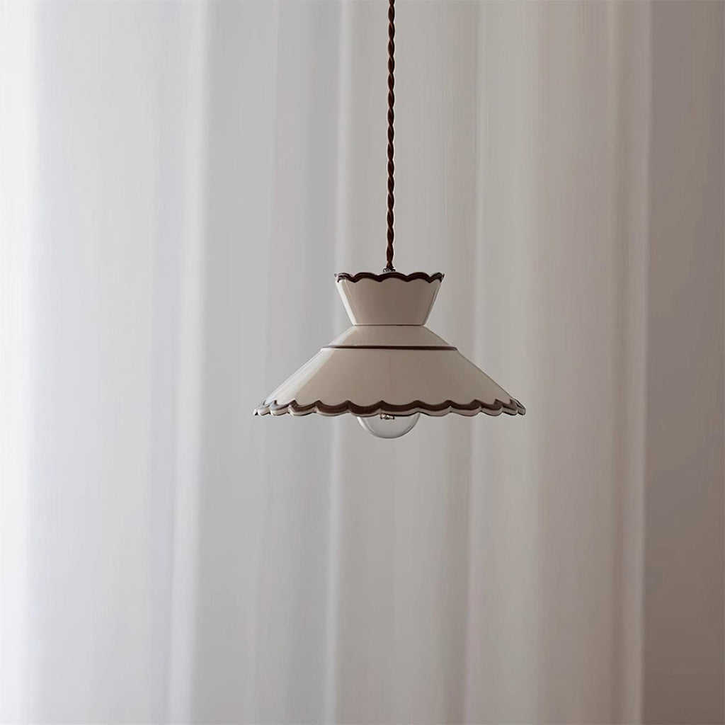 Aurelia Vintage Ceramic Pendant Light — Scalloped Shade, Cream and Brown Edge Detail