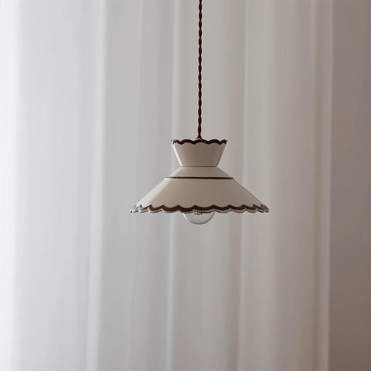 Aurelia Vintage Ceramic Pendant Light — Scalloped Shade, Cream and Brown Edge Detail